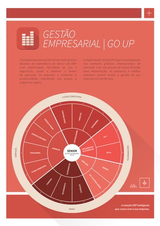 GESTÃO 
EMPRESARIAL | GO UP 
A solução ERP inteligente 
que cresce com a sua empresa. 
O Gestão Empresarial | GO UP traz mais de duas 
décadas de experiência da Senior em ERP. 
Com objetividade, facilidade de uso e 
segurança, ajuda a diminuir o tempo 
de execução do processo e aumentar a 
produtividade, atendendo aos prazos e 
exigências legais. 
A implantação do GO UP é ágil e está baseada 
nas melhores práticas internacionais de 
mercado. Com um pacote de horas fechado 
para implantação, as pequenas e médias 
empresas podem mudar a gestão de sua 
empresa em até 90 dias. 
 