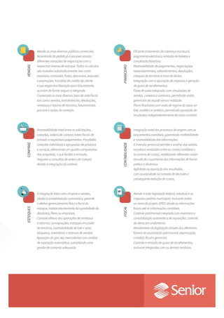 Atende as mais diversas políticas comerciais. 
Na entrada do pedido já é possível simular 
diferentes variações de negociação com a 
respectiva reserva de estoque. Todos os cálculos 
são tratados automaticamente, tais como 
impostos, comissões, fretes, descontos, reajustes 
e promoções. A análise de crédito do cliente 
e sua respectiva liberação para faturamento 
ocorrem de forma segura e integrada. 
Contempla os mais diversos tipos de nota fiscal, 
tais como: vendas, transferências, devoluções, 
remessas e retorno de terceiros, faturamentos 
parciais e cartas de correção. 
Rastreabilidade total entre as solicitações, 
cotações, ordens de compra, notas fiscais de 
entrada e respectivos pagamentos. Possibilita 
cotações individuais e agrupadas de produtos 
e serviços, oferecendo um quadro comparativo 
das propostas, o que facilita a emissão, 
reajustes e consultas de ordens de compra 
devido à integração do sistema. 
A integração total com compras e vendas, 
aliada à contabilização automática, garante 
o efetivo gerenciamento físico e fiscal do 
estoque, independentemente da quantidade de 
depósitos, filiais ou empresas. 
Controle efetivo das operações de remessas 
e retornos, consignações, estoques em poder 
de terceiros, rastreabilidade de lote e série, 
bloqueios, inventários e reservas de vendas. 
Apuração do giro das mercadorias com análise 
de reposição automática, subsidiando uma 
gestão de compras adequada. 
Eficiente tratamento da cobrança escritural, 
pagamento eletrônico, emissão de boletos e 
conciliação bancária. 
Rastreabilidade de pagamentos, negociações, 
reparcelamentos, adiantamentos, devoluções, 
cheques de terceiros e troca de títulos. 
Integração com a apuração de impostos e geração 
de guias de recolhimentos. 
Fluxo de caixa integrado, com simulações de 
vendas, compras e contratos, permitindo visões 
gerenciais de orçado versus realizado. 
Plano financeiro com visão de regime de caixa on-line, 
analítico e sintético, permitindo apuração de 
resultados independentemente da visão contábil. 
Integração total dos processos de origem com os 
lançamentos contábeis, garantindo confiabilidade 
e rastreabilidade das informações. 
A inversão gerencial permite a análise dos valores 
orçados e realizados entre as contas contábeis e 
os centros de custos, viabilizando diferentes visões 
através do cruzamento das informações de forma 
prática e dinâmica. 
Agilidade na apuração dos resultados, 
com acuracidade na tomada de decisões e 
consequente redução de custos. 
Atende a toda legislação federal, estadual e os 
impostos-padrão municipais. Incluindo todos 
os níveis do projeto SPED, desde as informações 
fiscais até as informações contábeis. 
Controle patrimonial integrado com inventário e 
contabilização automática de aquisições, controle 
de obras em andamento. 
Atendimento da legislação através das diferentes 
formas de atualização patrimonial: depreciação 
contábil, fiscal e gerencial. 
Controle e emissão de guias de recolhimentos, 
inclusive integradas com os demais módulos. 
VENDAS 
FINANCEIRO 
COMPRAS 
CONTABILIDADE 
ESTOQUES 
FISCAL 
 