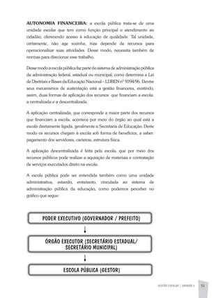 GESTÃO ESCOLAR | UNIDADE 3 51
AUTONOMIA FINANCEIRA: a escola pública trata-se de uma
unidade escolar que tem como função principal o atendimento ao
cidadão, oferecendo acesso à educação de qualidade. Tal unidade,
certamente, não age sozinha, mas depende de recursos para
operacionalizar suas atividades. Desse modo, necessita também de
normas para direcionar esse trabalho.
Desse modo a escola pública faz parte do sistema de administração pública
da administração federal, estadual ou municipal, como determina a Lei
de Diretrizes e Bases da Educação Nacional – LDBEN nº 9394/96. Dentre
seus mecanismos de sustentação está a gestão financeira, existindo,
assim, duas formas de aplicação dos recursos que financiam a escola:
a centralizada e a descentralizada.
a aplicação centralizada, que corresponde a maior parte dos recursos
que financiam a escola, acontece por meio do órgão ao qual está a
escola diretamente ligada, geralmente a Secretaria de Educação. Deste
modo os recursos chegam à escola sob forma de benefícios, a saber:
pagamento dos servidores, carteiras, estrutura física.
a aplicação descentralizada é feita pela escola, que por meio dos
recursos públicos pode realizar a aquisição de materiais e contratação
de serviços executados direto na escola.
a escola pública pode ser entendida também como uma unidade
administrativa, estando, entretanto, vinculada ao sistema de
administração pública da educação, como podemos perceber no
gráfico que segue:
PODER EXECUTIVO (GOVERNADOR / PREFEITO)
ÓRGÃO EXECUTOR (SECRETÁRIO ESTADUAL/
SECRETÁRIO MUNICIPAL)
ESCOLA PÚBLICA (GESTOR)
 