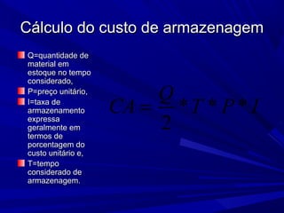 Cálculo do custo de armazenagemCálculo do custo de armazenagem
Q=quantidade deQ=quantidade de
material emmaterial em
estoque no tempoestoque no tempo
considerado,considerado,
P=preço unitário,P=preço unitário,
I=taxa deI=taxa de
armazenamentoarmazenamento
expressaexpressa
geralmente emgeralmente em
termos determos de
porcentagem doporcentagem do
custo unitário e,custo unitário e,
T=tempoT=tempo
considerado deconsiderado de
armazenagem.armazenagem.
* * *
2
Q
CA T P I=
 