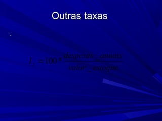 Outras taxasOutras taxas
..
_
100*
_
f
despesas anuais
I
valor estoque
=
 