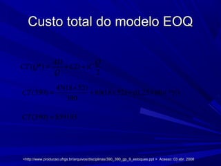 Custo total do modelo EOQCusto total do modelo EOQ
( *)
2
AD Q
CT Q CD iC
Q
= + +
390
2
45(18 52)
(390) 60(18 52) (0,25 60 )
390
CT
×
= + × + × ×
(390) $59193CT =
<http://www.producao.ufrgs.br/arquivos/disciplinas/390_390_gp_9_estoques.ppt > Acesso: 03 abr. 2008<http://www.producao.ufrgs.br/arquivos/disciplinas/390_390_gp_9_estoques.ppt > Acesso: 03 abr. 2008
 