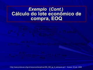 ExemploExemplo ((Cont.Cont.))
Cálculo do lote econômico deCálculo do lote econômico de
compra, EOQcompra, EOQ
2 2(45 18 52)
* 75
0,25 60
AD
Q unidd
iC
× ×
= = =
×
75
2
45(18 52)
(75) 60(18 52) (0,25 60 ) $57284,1
75
CT
×
= + × + × × =
75
(52 ) 52 4,17
936
sem
EOQ ano
EOQ
F sem
D
= = × =
<http://www.producao.ufrgs.br/arquivos/disciplinas/390_390_gp_9_estoques.ppt > Acesso: 03 abr. 2008<http://www.producao.ufrgs.br/arquivos/disciplinas/390_390_gp_9_estoques.ppt > Acesso: 03 abr. 2008
 