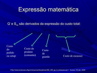 Expressão matemáticaExpressão matemática
QQ**
e Se Smáxmáx são derivados da expressão do custo total:são derivados da expressão do custo total:
( )
2
max ˆ( , )
2 2
fix máxmáx
máx
F S DQ S SAD
CT Q S CD iC P
Q Q
−
= + + + +
Custo
do
pedido
ou setup
Custo do
produto
(consumo)
Custo
de
guarda Custo de escassez
<http://www.producao.ufrgs.br/arquivos/disciplinas/390_390_gp_9_estoques.ppt > Acesso: 03 abr. 2008<http://www.producao.ufrgs.br/arquivos/disciplinas/390_390_gp_9_estoques.ppt > Acesso: 03 abr. 2008
 