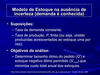 Modelo de Estoque na ausência deModelo de Estoque na ausência de
incerteza (demanda é conhecida)incerteza (demanda é conhecida)
• Suposições:
– Taxa de demanda constante;
– Taxa de produção, P, finita (ou seja, unidds
produzidas acrescentadas ao estoque uma por
vez);
• Objetivos da análise:
– Determinar tamanho ótimo do pedido (Q*
) e
estoque negativo ótimo permitido (S*
max) que
minimize custo total anual dos estoques.
<http://www.producao.ufrgs.br/arquivos/disciplinas/390_390_gp_9_estoques.ppt > Acesso: 03 abr. 2008<http://www.producao.ufrgs.br/arquivos/disciplinas/390_390_gp_9_estoques.ppt > Acesso: 03 abr. 2008
 