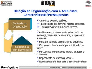 Ambiente externo estável. Possibilidade de dominar fatores externos. Futuro previsível em alguns fatores. ... Relação da Organização com o Ambiente:  Características/Pressupostos Ambiente externo com alta velocidade de mudança, escassez de recursos, surpresas e ameaças. Falta de controle sobre fatores externos. Crença acentuada na imprevisibilidade do futuro.  Perspectiva gerencial de inovar, adaptar e sobreviver. Dependente de critérios sociais. Necessidade de lidar com a sustentabilidade ...... Relaciona-se com o Ambiente Centrada na  Organização 