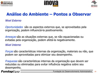 Análise do Ambiente – Pontos a Observar Nível Externo Oportunidades   são os aspectos externos que, se aproveitados pela organização, podem influenciá-la positivamente. Ameaças   são as situações externas que, se não equacionadas ou evitadas pela organização, podem afetá-la negativamente. Nível Interno Forças   são características internas da organização, materiais ou não, que podem ser aproveitadas para otimizar seu desempenho. Fraquezas   são características internas da organização que devem ser reduzidas ou eliminadas para evitar influência negativa sobre seu desempenho. 