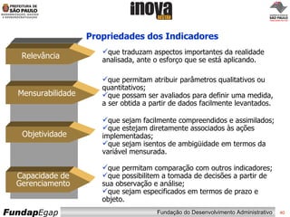 Propriedades dos Indicadores   Relevância Mensurabilidade que traduzam aspectos importantes da realidade analisada, ante o esforço que se está aplicando. que permitam atribuir parâmetros qualitativos ou quantitativos;  que possam ser avaliados para definir uma medida, a ser obtida a partir de dados facilmente levantados. Objetividade que sejam facilmente compreendidos e assimilados; que estejam diretamente associados às ações implementadas; que sejam isentos de ambigüidade em termos da variável mensurada. Capacidade de Gerenciamento que permitam comparação com outros indicadores; que possibilitem a tomada de decisões a partir de sua observação e análise; que sejam especificados em termos de prazo e objeto. 