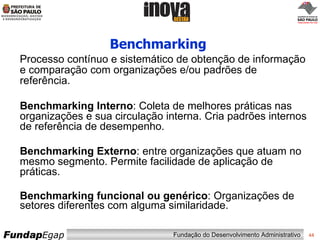 Benchmarking Processo contínuo e sistemático de obtenção de informação e comparação com organizações e/ou padrões de referência. Benchmarking Interno : Coleta de melhores práticas nas organizações e sua circulação interna. Cria padrões internos de referência de desempenho. Benchmarking Externo : entre organizações que atuam no mesmo segmento. Permite facilidade de aplicação de práticas. Benchmarking funcional ou genérico : Organizações de setores diferentes com alguma similaridade. 