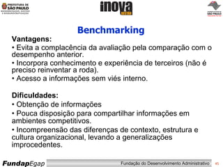 Benchmarking Vantagens: Evita a complacência da avaliação pela comparação com o desempenho anterior. Incorpora conhecimento e experiência de terceiros (não é preciso reinventar a roda). Acesso a informações sem viés interno. Dificuldades: Obtenção de informações Pouca disposição para compartilhar informações em ambientes competitivos. Incompreensão das diferenças de contexto, estrutura e cultura organizacional, levando a generalizações improcedentes. 