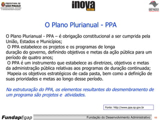 O Plano Plurianual - PPA Fonte: http://www.ppa.sp.gov.br O Plano Plurianual - PPA – é obrigação constitucional a ser cumprida pela União, Estados e Municípios; O PPA estabelece os projetos e os programas de longa duração do governo, definindo objetivos e metas da ação pública para um período de quatro anos; O PPA é um instrumento que estabelece as diretrizes, objetivos e metas da administração pública relativas aos programas de duração continuada; Mapeia os objetivos estratégicos de cada pasta, bem como a definição de suas prioridades e metas ao longo desse período. Na estruturação do PPA, os elementos resultantes do desmembramento de um programa são projetos e  atividades. 