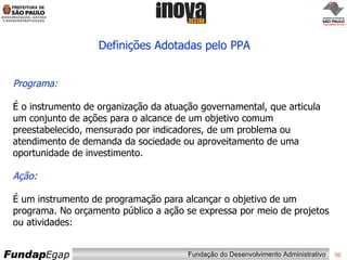 Definições Adotadas pelo PPA Programa:   É o instrumento de organização da atuação governamental, que articula um conjunto de ações para o alcance de um objetivo comum preestabelecido, mensurado por indicadores, de um problema ou atendimento de demanda da sociedade ou aproveitamento de uma oportunidade de investimento.  Ação:      É um instrumento de programação para alcançar o objetivo de um programa. No orçamento público a ação se expressa por meio de projetos ou atividades:  