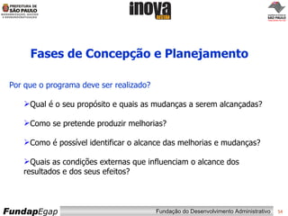 Fases de Concepção e Planejamento Por que o programa deve ser realizado? Qual é o seu propósito e quais as mudanças a serem alcançadas? Como se pretende produzir melhorias? Como é possível identificar o alcance das melhorias e mudanças? Quais as condições externas que influenciam o alcance dos resultados e dos seus efeitos? 