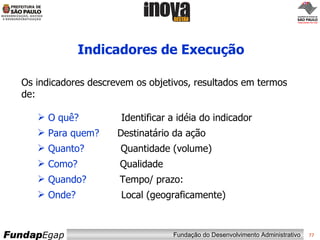 Indicadores de Execução Os indicadores descrevem os objetivos, resultados em termos de: O quê?   Identificar a idéia do indicador  Para quem?   Destinatário da ação Quanto?   Quantidade (volume)  Como?   Qualidade Quando?   Tempo/ prazo: Onde?   Local (geograficamente) 