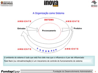 A Organização como Sistema O ambiente do sistema é tudo que está fora dele mas que o influencia e é por ele influenciado Feed Back (ou retroalimentação) é um mecanismo de controle do funcionamento do sistema 
