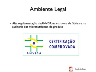 Ambiente Legal
• Alta regulamentação da ANVISA na estrutura da fábrica e na
auditoria dos micronutrientes do produto

Estu...