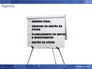 Agenda

 Cenário Atual
 Desafios da Gestão de
Ativos
 Planejamento de Custos
e Investimentos
 Gestão de Ativos

2

© 2006 IBM Corporation

 