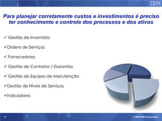 Para planejar corretamente custos e investimentos é preciso
ter conhecimento e controle dos processos e dos ativos
 Gestão de Inventário
Ordens de Serviços
 Fornecedores
 Gestão de Contratos / Garantias
 Gestão de Equipes de Manutenção
Gestão de Níveis de Serviços
Indicadores

9

© 2006 IBM Corporation

 