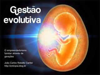 Gestão
evolutiva


O empreendedorismo
familiar através de
gerações

João Carlos Rebello Caribé
http://entropia.blog.br
 