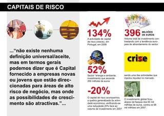 Capitais de risCo



                               134%
                               A actividade de capital
                                                                  396             milhões
                                                                                  de euros
                                                                  Volume total de investimento con-
                               de risco cresceu, em               trastando com a tendência euro-
                               Portugal, em 2008                  peia de abrandamento do sector.


...“não existe nenhuma
definição universal/aceite,
mas em termos gerais
podemos dizer que é Capital
fornecido a empresas novas
                               52%
                               Sector “energia e ambiente,        sendo uma das actividades que
                                                                  injectou liquidez no mercado.
ou jovens que estão direc-     investimento que ascende
                               200 milhoes de euros

cionadas para áreas de alto
risco de negócio, mas onde     -20%
as possibilidades de cresci-   O capital de risco acompanhou
                               a quebra generalizada da activi-
                                                                  O investimento global ficou

mento são atractivas.”...      dade económica, verificando-se
                               uma reduçãode 20% face ao
                                                                  abaixo da fasquia dos 60 mil
                                                                  milhões de euros, contra os 68
                                                                  mil milhões em 2007.
                               volume de investimento em 2007
 