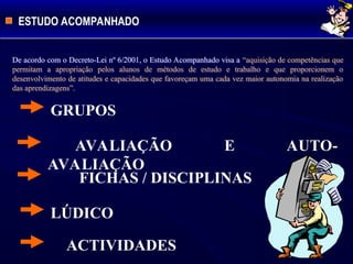 ESTUDO ACOMPANHADO
GRUPOS
 AVALIAÇÃO E AUTO-
AVALIAÇÃO
FICHAS / DISCIPLINAS
LÚDICO
ACTIVIDADES
De acordo com o Decreto-Lei nº 6/2001, o Estudo Acompanhado visa a “aquisição de competências que
permitam a apropriação pelos alunos de métodos de estudo e trabalho e que proporcionem o
desenvolvimento de atitudes e capacidades que favoreçam uma cada vez maior autonomia na realização
das aprendizagens”.
 