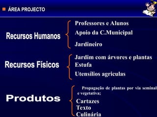 Professores e Alunos
Apoio da C.Municipal
Jardineiro
Jardim com árvores e plantas
Estufa
Utensílios agriculas
Propagação de plantas por via seminal
e vegetativa;
Texto
Cartazes
Culinária
ÁREA PROJECTO
 