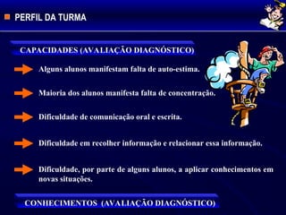 PERFIL DA TURMA
CAPACIDADES (AVALIAÇÃO DIAGNÓSTICO)
Alguns alunos manifestam falta de auto-estima.
Maioria dos alunos manifesta falta de concentração.
Dificuldade de comunicação oral e escrita.
Dificuldade em recolher informação e relacionar essa informação.
Dificuldade, por parte de alguns alunos, a aplicar conhecimentos em
novas situações.
CONHECIMENTOS (AVALIAÇÃO DIAGNÓSTICO)
 