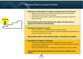 Redesenho de Atividades e Funções por Mapeamento de Processos
• Mapeamento dos processos de negócios das áreas Comerciais e de Atendimento.
• Análise de alternativas e formatos de operação.
• Identificação de oportunidades e proposição de ajustes em atividades e funções das
equipes envolvidas.
Este produto propõe novos formatos de cargos e funções para as
equipes do Comercial e Atendimento.
Descrição de Cargos e Funções
• Descrever desde o que o colaborador faz até o motivo por quê faz.
• A descrição de cargo inclui o título do cargo, o sumário das atividades desempenhadas e as
principais responsabilidades do cargo.
Este produto elabora a descrição de cargos e atribuições de equipes.
Formato
1°
Instruções de Trabalho e Atividades
• Documentar as atividades relacionadas à operação dos processos de negócios.
• As instruções de trabalho envolvem tanto a operação Comercial e Atendimento quanto das
áreas de interface relacionadas.
• Permite a formatação das áreas e a integração de colaboradores às rotinas de trabalho.
Este produto gera documentação dos processos de trabalho e suas
rotinas.
Produtos Direct Link para Formato
6
 