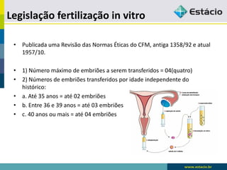 Legislação fertilização in vitro
• Publicada uma Revisão das Normas Éticas do CFM, antiga 1358/92 e atual
1957/10.
• 1) Número máximo de embriões a serem transferidos = 04(quatro)
• 2) Números de embriões transferidos por idade independente do
histórico:
• a. Até 35 anos = até 02 embriões
• b. Entre 36 e 39 anos = até 03 embriões
• c. 40 anos ou mais = até 04 embriões
 