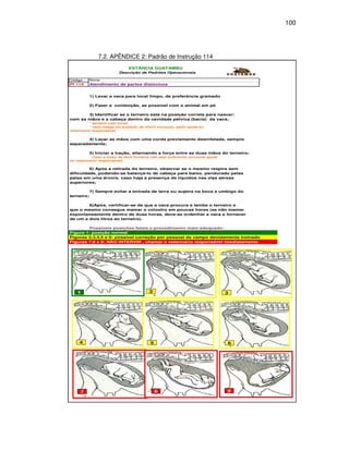 100




               7.2. APÊNDICE 2: Padrão de Instrução 114
                               ESTÂNCIA GUATAMBU
                          Descrição de Padrões Operacionais

Código    Nome
PI 114      Atendimento de partos distócicos


            1) Levar a vaca para local limpo, de preferência gramado

            2) Fazer a contenção, se possível com o animal em pé

       3) Identificar se o terneiro está na posição correta para nascer:
com as mãos e a cabeça dentro da cavidade pélvica (bacia) da vaca;
           * sempre usar luvas
           * caso esteja em posição de difícil correção, pedir ajuda ao
veterinário responsável


       4) Laçar as mãos com uma corda previamente desinfetada, sempre
separadamente;

            5) Iniciar a tração, alternando a força entre as duas mãos do terneiro;
          * Caso a força de dois homens não seja suficiente, procurar ajuda
do veterinário responsável;

         6) Após a retirada do terneiro, observar se o mesmo respira sem
dificuldade, podendo-se balançá-lo de cabeça para baixo, pendurado pelas
patas em uma árvore, caso haja a presença de líquidos nas vias aéreas
superiores;

            7) Sempre evitar a entrada de terra ou sujeira na boca e umbigo do
terneiro;

        8)Após, certificar-se de que a vaca procura e lambe o terneiro e
que o mesmo consegue mamar o colostro em poucas horas (se não mamar
expontaneamente dentro de duas horas, deve-se ordenhar a vaca e fornecer
de um a dois litros ao terneiro).

        Possíveis posições fetais e procedimento mais adequado:
Figura 1: posição normal
Figuras 2,3,4,5 e 6: possível correção por pessoal de campo devidamente treinado
Figuras 7,8 e 9: NÃO INTERVIR , chamar o veterinário responsável imediatamente




    1                                     2                                   3




     4                                    5                                   6




     7                                        8                               9
 