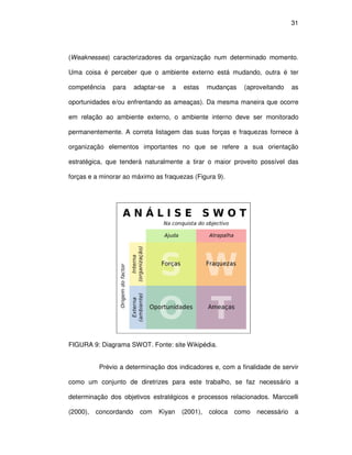 31




(Weaknesses) caracterizadores da organização num determinado momento.

Uma coisa é perceber que o ambiente externo está mudando, outra é ter

competência    para     adaptar-se   a   estas     mudanças   (aproveitando     as

oportunidades e/ou enfrentando as ameaças). Da mesma maneira que ocorre

em relação ao ambiente externo, o ambiente interno deve ser monitorado

permanentemente. A correta listagem das suas forças e fraquezas fornece à

organização elementos importantes no que se refere a sua orientação

estratégica, que tenderá naturalmente a tirar o maior proveito possível das

forças e a minorar ao máximo as fraquezas (Figura 9).




FIGURA 9: Diagrama SWOT. Fonte: site Wikipédia.


           Prévio a determinação dos indicadores e, com a finalidade de servir

como um conjunto de diretrizes para este trabalho, se faz necessário a

determinação dos objetivos estratégicos e processos relacionados. Marccelli

(2000),   concordando     com   Kiyan    (2001),   coloca   como   necessário   a
 