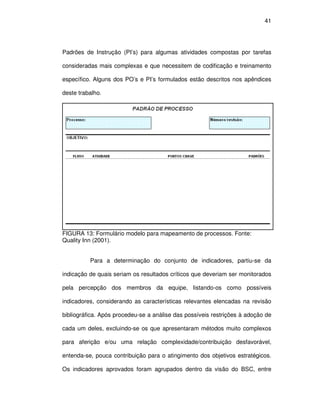 41




Padrões de Instrução (PI’s) para algumas atividades compostas por tarefas

consideradas mais complexas e que necessitem de codificação e treinamento

específico. Alguns dos PO’s e PI’s formulados estão descritos nos apêndices

deste trabalho.




FIGURA 13: Formulário modelo para mapeamento de processos. Fonte:
Quality Inn (2001).


          Para a determinação do conjunto de indicadores, partiu-se da

indicação de quais seriam os resultados críticos que deveriam ser monitorados

pela percepção dos membros da equipe, listando-os como possíveis

indicadores, considerando as características relevantes elencadas na revisão

bibliográfica. Após procedeu-se a análise das possíveis restrições à adoção de

cada um deles, excluindo-se os que apresentaram métodos muito complexos

para aferição e/ou uma relação complexidade/contribuição desfavorável,

entenda-se, pouca contribuição para o atingimento dos objetivos estratégicos.

Os indicadores aprovados foram agrupados dentro da visão do BSC, entre
 