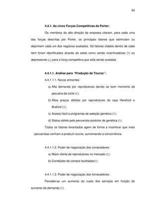 54




          4.4.1. As cinco Forças Competitivas de Porter:

          Os membros da alta direção da empresa citaram, para cada uma

das forças descritas por Porter, os principais fatores que estimulam ou

deprimem cada um dos negócios avaliados. Os fatores citados dentro de cada

item foram identificados através de setas como sendo incentivadores (↑) ou

depressores (↓) para a força competitiva que está sendo avaliada.



          4.4.1.1. Análise para “Produção de Touros”:

          4.4.1.1.1. Novos entrantes:

             a) Alta demanda por reprodutores devido ao bom momento da

               pecuária de corte (↑);

             b) Altos preços obtidos por reprodutores da raça Hereford e

               Braford (↑);

             c) Acesso fácil a programas de seleção genética (↑);

             d) Status obtido pelo pecuarista produtor de genética (↑).

          Todos os fatores levantados agem de forma a incentivar que mais

  pecuaristas venham a produzir touros, aumentando a concorrência.



          4.4.1.1.2. Poder de negociação dos compradores:

             a) Maior oferta de reprodutores no mercado (↑);

             b) Condições de compra facilitadas(↑).



          4.4.1.1.3. Poder de negociação dos fornecedores:

          Percebe-se um aumento do custo dos serviços em função do

aumento da demanda (↑).
 