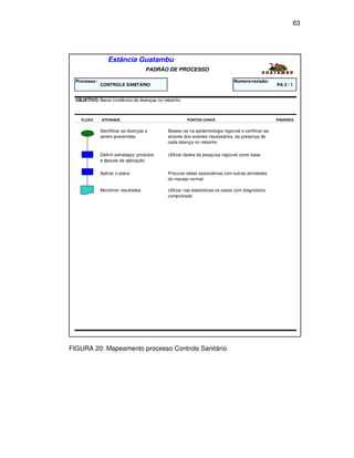 63




                  Estância Guatambu
                                     PADRÃO DE PROCESSO

  Processo:                                                                   Número/revisão:
              CONTROLE SANITÁRIO                                                                    PA 2 / 1


  OBJETIVO: Baixa incidência de doenças no rebanho



    FLUXO     ATIVIDADE                               PONTOS CHAVE                                  PADRÕES


              Identificar as doenças a       Basear-se na epidemiologia regional e certificar-se,
              serem prevenidas               através dos exames necessários, da presença de
                                             cada doença no rebanho

              Definir estratégia: produtos   Utilizar dados da pesquisa regional como base
              e épocas de aplicação

              Aplicar o plano                Procurar datas associativas com outras atividades
                                             do manejo normal

              Monitorar resultados           Utilizar nas estatísticas os casos com diagnóstico
                                             comprovado




FIGURA 20: Mapeamento processo Controle Sanitário
 