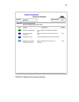 66




                  Estância Guatambu
                                      PADRÃO DE PROCESSO

 Processo:                                                                     Número/revisão:
              GESTAÇÃO                                                                               P5 / 1


 OBJETIVOS: Lotes de animais gestantes
            Vacas em condições de parir, lactar e ciclar


    FLUXO     ATIVIDADE                                PONTOS CHAVE                                 PADRÕES


              Identificar animais gestantes   Realizar diagnóstico de gestação por palpação
                                              retal

              Acompanhar condição             Melhorar plano alimentar de vacas com baixa CC        PI 103
              corporal (CC)                   (< 3)

              Preparação para parto           Fazer revisão/reposição de brincos de identificação



              Identificar casos de aborto     Retirar imediatamente do lote animais com             PI 106
              e reabsorção embrionária        problemas




FIGURA 23: Mapeamento processo Gestação
 