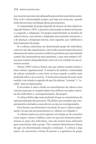 214 MARTA VALENTIM (ORG.)
macrescentequeessessãoadequadosparanortearaspróximasações.
Esse ciclo é interrompido sempre que haja um insucesso, quando
então haverá uma reavaliação desses pressupostos.
A continuidade do grupo depende do alcance de dois objetivos,
segundo Schein (2009): o primeiro relacionado ao desenvolvimento
e o segundo, à adaptação. Os grupos experimentam os desafios de
sobrevivência, crescimento e adaptação num primeiro momento, e
o de alcançar a integração interna, num segundo, que viabilizará o
funcionamento do grupo.
Se a cultura caracteriza um determinado grupo de indivíduos,
como no caso das organizações, como toda caracterização ela possui
elementos de maior ou menor evidência que fazem que seja rotulada
a partir das características mais aparentes, o que nem sempre é efi-
caz para mostrar adequadamente como ela é na verdade em sua es-
trutura nuclear.
Schein (2009) critica a forma com que muitos estudos tratam o
tema cultura organizacional. A tentativa de analisar a intensidade
da cultura rotulando-a como forte ou fraca impede a análise mais
profunda sobre o seu conceito. A maior preocupação do autor nesse
sentido é em relação à sugestão de que há culturas “corretas” e “er-
radas” para as organizações.
É necessário ir mais a fundo no entendimento da cultura como
conceito para que se compreendam seus reflexos nas ações concre-
tas dos indivíduos e, consequentemente, dos grupos.
A cultura define algo mais profundo do que as características de
operacionalização dos processos. Ela define, por exemplo, que com-
portamentos atrelados a esses devem ou não ser recompensados.
Para ilustrar essa dicotomia conceitual, do que é cultura empre-
sarial e do que não necessariamente o é, elabora-se o Quadro 1.
A cultura estaria em nível superior em relação ao de conceitos
como regras, valores e hábitos, uma vez que tais elementos deter-
minam as ações dos indivíduos, mas não teriam força suficiente
para caracterizar todo o grupo. Tão-somente determinam a forma
do agir em determinadas situações cotidianas. A cultura é algo
maior, ela caracteriza a forma do pensar e a aparência do grupo
 