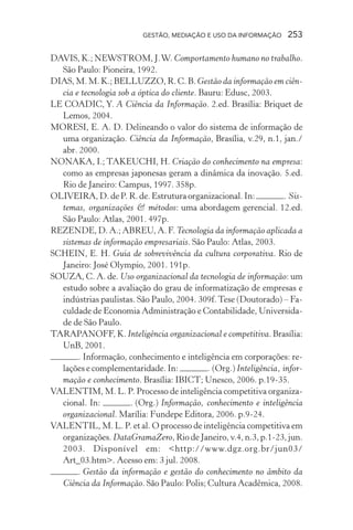 GESTÃO, MEDIAÇÃO E USO DA INFORMAÇÃO 253
DAVIS, K.; NEWSTROM, J.W. Comportamento humano no trabalho.
São Paulo: Pioneira, 1992.
DIAS, M. M. K.; BELLUZZO, R. C. B. Gestão da informação em ciên-
cia e tecnologia sob a óptica do cliente. Bauru: Edusc, 2003.
LE COADIC, Y. A Ciência da Informação. 2.ed. Brasília: Briquet de
Lemos, 2004.
MORESI, E. A. D. Delineando o valor do sistema de informação de
uma organização. Ciência da Informação, Brasília, v.29, n.1, jan./
abr. 2000.
NONAKA, I.; TAKEUCHI, H. Criação do conhecimento na empresa:
como as empresas japonesas geram a dinâmica da inovação. 5.ed.
Rio de Janeiro: Campus, 1997. 358p.
OLIVEIRA, D. de P. R. de. Estrutura organizacional. In: . Sis-
temas, organizações & métodos: uma abordagem gerencial. 12.ed.
São Paulo: Atlas, 2001. 497p.
REZENDE, D. A.; ABREU, A. F. Tecnologia da informação aplicada a
sistemas de informação empresariais. São Paulo: Atlas, 2003.
SCHEIN, E. H. Guia de sobrevivência da cultura corporativa. Rio de
Janeiro: José Olympio, 2001. 191p.
SOUZA, C. A. de. Uso organizacional da tecnologia de informação: um
estudo sobre a avaliação do grau de informatização de empresas e
indústrias paulistas. São Paulo, 2004. 309f.Tese (Doutorado) – Fa-
culdade de Economia Administração e Contabilidade, Universida-
de de São Paulo.
TARAPANOFF, K. Inteligência organizacional e competitiva. Brasília:
UnB, 2001.
. Informação, conhecimento e inteligência em corporações: re-
lações e complementaridade. In: . (Org.) Inteligência, infor-
mação e conhecimento. Brasília: IBICT; Unesco, 2006. p.19-35.
VALENTIM, M. L. P. Processo de inteligência competitiva organiza-
cional. In: . (Org.) Informação, conhecimento e inteligência
organizacional. Marília: Fundepe Editora, 2006. p.9-24.
VALENTIL, M. L. P. et al. O processo de inteligência competitiva em
organizações. DataGramaZero, Rio de Janeiro, v.4, n.3, p.1-23, jun.
2003. Disponível em: <http://www.dgz.org.br/jun03/
Art_03.htm>. Acesso em: 3 jul. 2008.
. Gestão da informação e gestão do conhecimento no âmbito da
Ciência da Informação. São Paulo: Polis; Cultura Acadêmica, 2008.
 