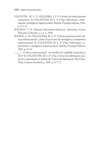 254 MARTA VALENTIM (ORG.)
VALENTIL, M. L. P.; GELINSKI, J.V.V. Gestão do conhecimento
corporativo. In:VALENTIM, M. L. P. (Org.) Informação, conhe-
cimento e inteligência organizacional.Marília:FundepeEditora,2006.
p.115-32.
WILSON, T. D. Human information behavior. Informing Science
Research, Colorado, v.3, n.2, 2000.
WOIDA, L. M.;VALENTIM, M. L. P. Cultura organizacional/cul-
tura informacional: a base do processo de inteligência competitiva
organizacional. In: VALENTIM, M. L. P. (Org.) Informação, co-
nhecimento e inteligência organizacional. Marília: Fundepe Editora,
2006. p.25-44.
. Cultura informacional: um modelo de realidade social para a
ICO. In:VALENTIM, M. L. P. (Org.) Gestão da informação e ges-
tão do conhecimento no âmbito da Ciência da Informação. São Paulo:
Polis; Cultura Acadêmica, 2008. p.117-27.
 