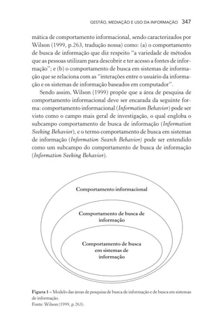 GESTÃO, MEDIAÇÃO E USO DA INFORMAÇÃO 347
mática de comportamento informacional, sendo caracterizados por
Wilson (1999, p.263, tradução nossa) como: (a) o comportamento
de busca de informação que diz respeito “a variedade de métodos
que as pessoas utilizam para descobrir e ter acesso a fontes de infor-
mação”; e (b) o comportamento de busca em sistemas de informa-
ção que se relaciona com as “interações entre o usuário da informa-
ção e os sistemas de informação baseados em computador”.
Sendo assim, Wilson (1999) propõe que a área de pesquisa de
comportamento informacional deve ser encarada da seguinte for-
ma: comportamento informacional (Information Behavior) pode ser
visto como o campo mais geral de investigação, o qual engloba o
subcampo comportamento de busca de informação (Information
Seeking Behavior), e o termo comportamento de busca em sistemas
de informação (Information Search Behavior) pode ser entendido
como um subcampo do comportamento de busca de informação
(Information Seeking Behavior).
Figura 1 – Modelo das áreas de pesquisa de busca de informação e de busca em sistemas
de informação.
Fonte:Wilson (1999, p.263).
 