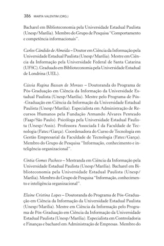 386 MARTA VALENTIM (ORG.)
Bacharel em Biblioteconomia pela Universidade Estadual Paulista
(Unesp/Marília). MembrodoGrupodePesquisa“Comportamento
e competência informacionais”.
Carlos Cândido de Almeida – Doutor em Ciência da Informação pela
Universidade Estadual Paulista (Unesp/Marília). Mestre em Ciên-
cia da Informação pela Universidade Federal de Santa Catarina
(UFSC).GraduadoemBiblioteconomiapelaUniversidadeEstadual
de Londrina (UEL).
Cássia Regina Bassan de Moraes – Doutoranda do Programa de
Pós-Graduação em Ciência da Informação da Universidade Es-
tadual Paulista (Unesp/Marília). Mestre pelo Programa de Pós-
-Graduação em Ciência da Informação da Universidade Estadual
Paulista (Unesp/Marília). Especialista em Administração de Re-
cursos Humanos pela Fundação Armando Álvares Penteado
(Faap/São Paulo). Psicóloga pela Universidade Estadual Paulis-
ta (Unesp/Assis). Professora Associada I da Faculdade de Tec-
nologia (Fatec/Garça). Coordenadora do Curso de Tecnologia em
Gestão Empresarial da Faculdade de Tecnologia (Fatec/Garça).
Membro do Grupo de Pesquisa “Informação, conhecimento e in-
teligência organizacional”.
Cíntia Gomes Pacheco – Mestranda em Ciência da Informação pela
Universidade Estadual Paulista (Unesp/Marília). Bacharel em Bi-
blioteconomia pela Universidade Estadual Paulista (Unesp/
Marília).MembrodoGrupodePesquisa“Informação,conhecimen-
to e inteligência organizacional”.
Elaine Cristina Lopes – Doutoranda do Programa de Pós-Gradua-
ção em Ciência da Informação da Universidade Estadual Paulista
(Unesp/Marília). Mestre em Ciência da Informação pelo Progra-
ma de Pós-Graduação em Ciência da Informação da Universidade
Estadual Paulista (Unesp/Marília). Especialista em Controladoria
e Finanças e bacharel em Administração de Empresas. Membro do
 