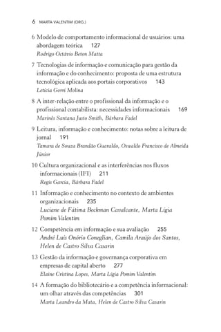 6 MARTA VALENTIM (ORG.)
6 Modelo de comportamento informacional de usuários: uma
abordagem teórica 127
Rodrigo Octávio Beton Matta
7 Tecnologias de informação e comunicação para gestão da
informação e do conhecimento: proposta de uma estrutura
tecnológica aplicada aos portais corporativos 143
Letícia Gorri Molina
8 A inter-relação entre o profissional da informação e o
profissional contabilista: necessidades informacionais 169
Marinês Santana Justo Smith, Bárbara Fadel
9 Leitura, informação e conhecimento: notas sobre a leitura de
jornal 191
Tamara de Souza Brandão Guaraldo, Oswaldo Francisco de Almeida
Júnior
10 Cultura organizacional e as interferências nos fluxos
informacionais (IFI) 211
Regis Garcia, Bárbara Fadel
11 Informação e conhecimento no contexto de ambientes
organizacionais 235
Luciane de Fátima Beckman Cavalcante, Marta Lígia
Pomim Valentim
12 Competência em informação e sua avaliação 255
André Luís Onório Coneglian, Camila Araújo dos Santos,
Helen de Castro Silva Casarin
13 Gestão da informação e governança corporativa em
empresas de capital aberto 277
Elaine Cristina Lopes, Marta Lígia Pomim Valentim
14 A formação do bibliotecário e a competência informacional:
um olhar através das competências 301
Marta Leandro da Mata, Helen de Castro Silva Casarin
 