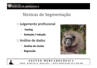 G E S T Ã O M E R C A D O L Ó G I C A
P R O F. M Á R C I O B . M I R A N D A – W W W. P R O F M A R C I O . C O M . B R
Técnicas de Segmentação
 Julgamento profissional
 Feeling
 Dedução / Indução
 Análise de dados
 Análise de cluster
 Regressão
 