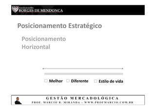 G E S T Ã O M E R C A D O L Ó G I C A
P R O F. M Á R C I O B . M I R A N D A – W W W. P R O F M A R C I O . C O M . B R
Posicionamento Estratégico
 Melhor
Posicionamento
Horizontal
 Diferente  Estilo de vida
 
