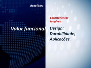 Benefícios



                     Características
                     tangíveis.

Valor funcional Design;
                     Durabilidade;
                     Aplicações.
 