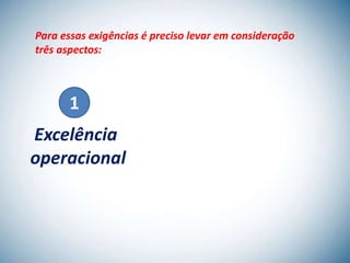 Para essas exigências é preciso levar em consideração
três aspectos:



       1
Excelência
operacional
 