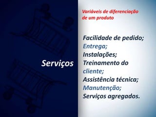 Variáveis de diferenciação
           de um produto


           Facilidade de pedido;
           Entrega;
           Instalações;
Serviços   Treinamento do
           cliente;
           Assistência técnica;
           Manutenção;
           Serviços agregados.
 