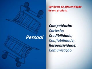 Variáveis de diferenciação
          de um produto




          Competência;
          Cortesia;
          Credibilidade;
Pessoal   Confiabilidade;
          Responsividade;
          Comunicação.
 