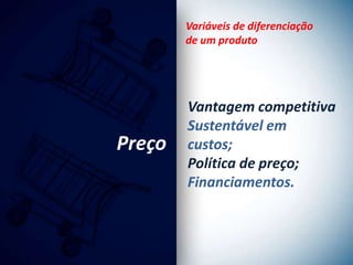 Variáveis de diferenciação
        de um produto




        Vantagem competitiva
        Sustentável em
Preço   custos;
        Política de preço;
        Financiamentos.
 