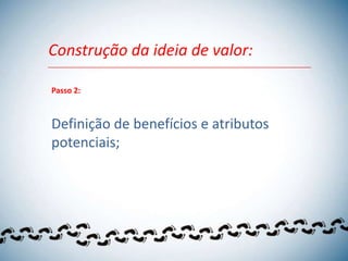 Construção da ideia de valor:

Passo 2:



Definição de benefícios e atributos
potenciais;
 