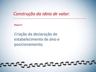 Construção da ideia de valor:

Passo 7:



Criação da declaração de
estabelecimento de alvo e
posicionamento;
 